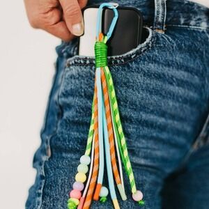Rainbow Rope and Beaded Keychain Bag Charm Blue